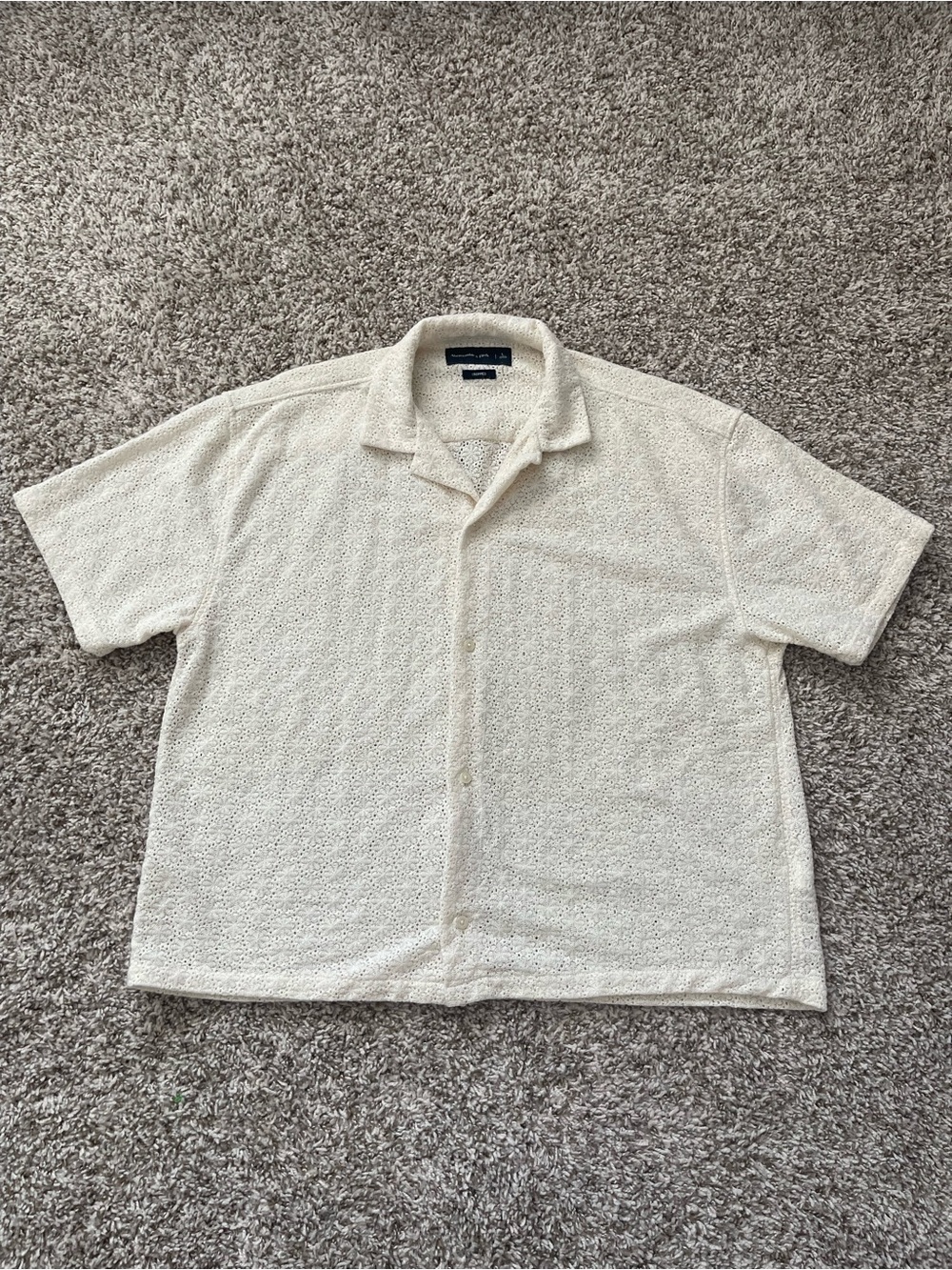 Abercrombie & Fitch Cropped Cream Floral Eyelet Lace Camp Collar Shirt Men's L